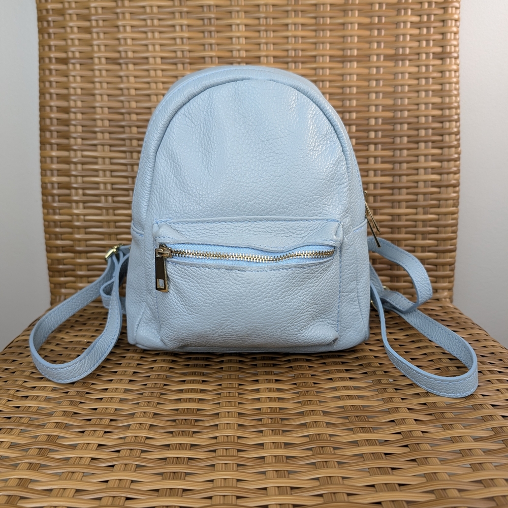Firenze Made In Italy Small Blue Pebbled Genuine Leather Backpack Gold Hardware